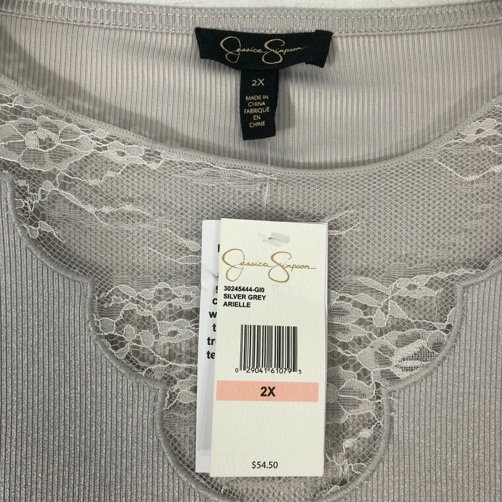 Jessica Simpson Blouse Women's Size 2X Silver Grey Metallic Lace Trim Ribbed Top - Picture 3 of 12